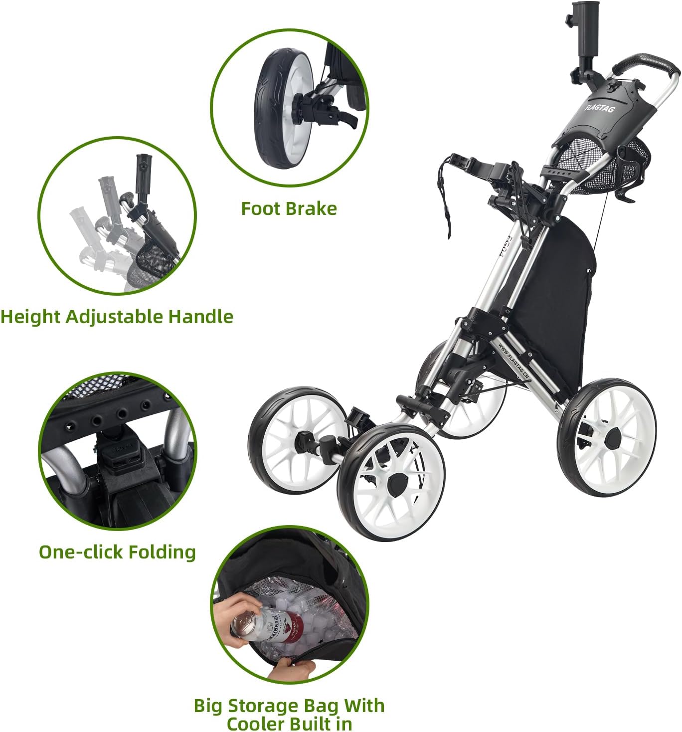 FLAGTAG Golf Push Cart 4-Wheels,Folding Golf Cart, Golf Pull cart with Cup Holder,Umbrella Holder,Cooler Bag, Foldable with one-Click,Handle Height Adjustable,Drink Holder,Walking Push cart