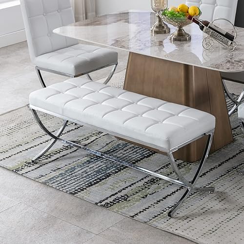 Miniatura 6 de LukeAlon Moderno banco de comedor de piel sintética, banco otomano con botones copetudos con acabado cromado en forma de X, banco tapizado para el