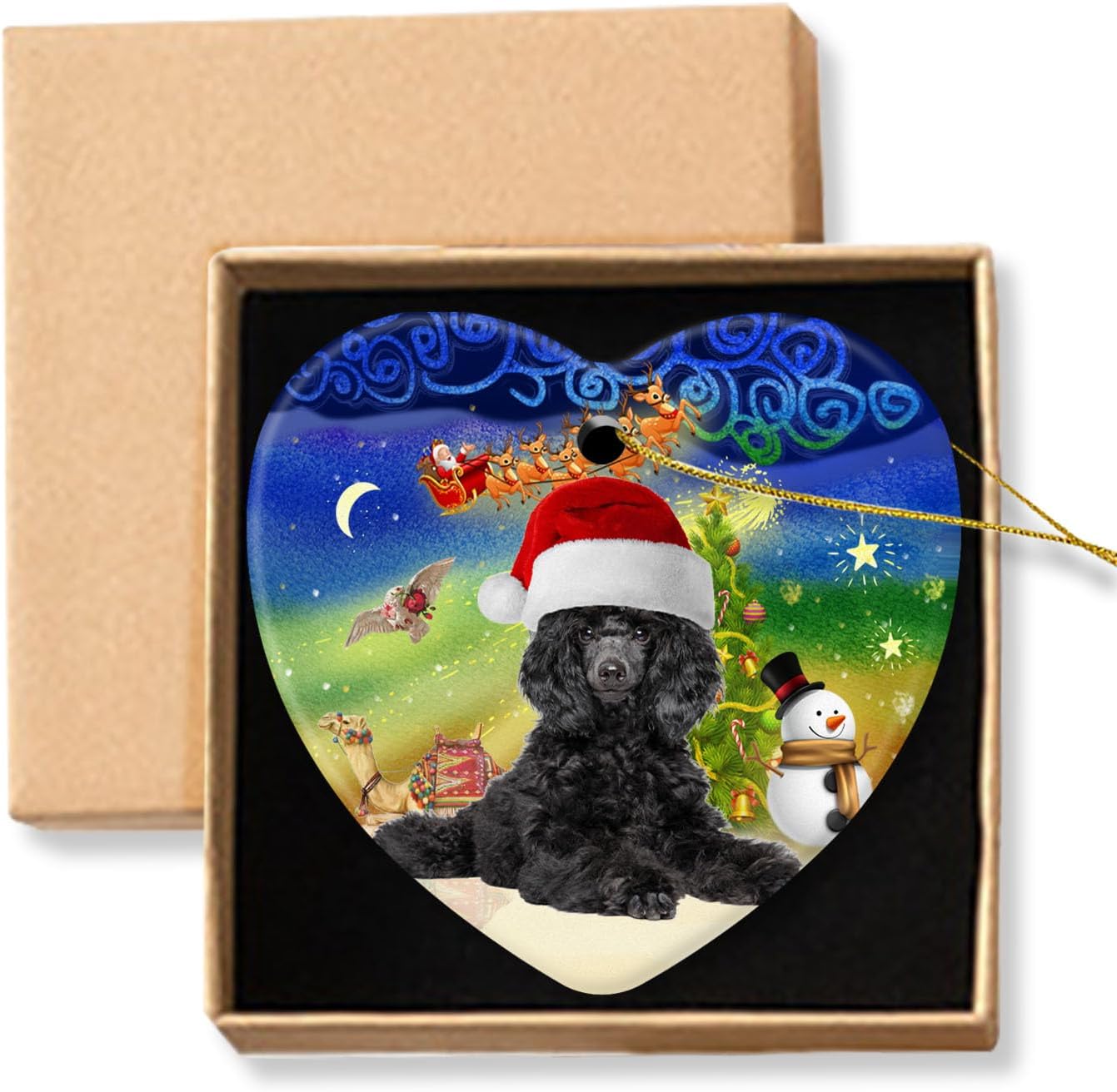 Christmas Ornaments Poodle in Christmas Santa Hat Christmas Tree Decoration Gifts Keepsake for a Pet Lover Heart Shaped Ceramic Ornament Xmas Ornament 3" with Gift Box