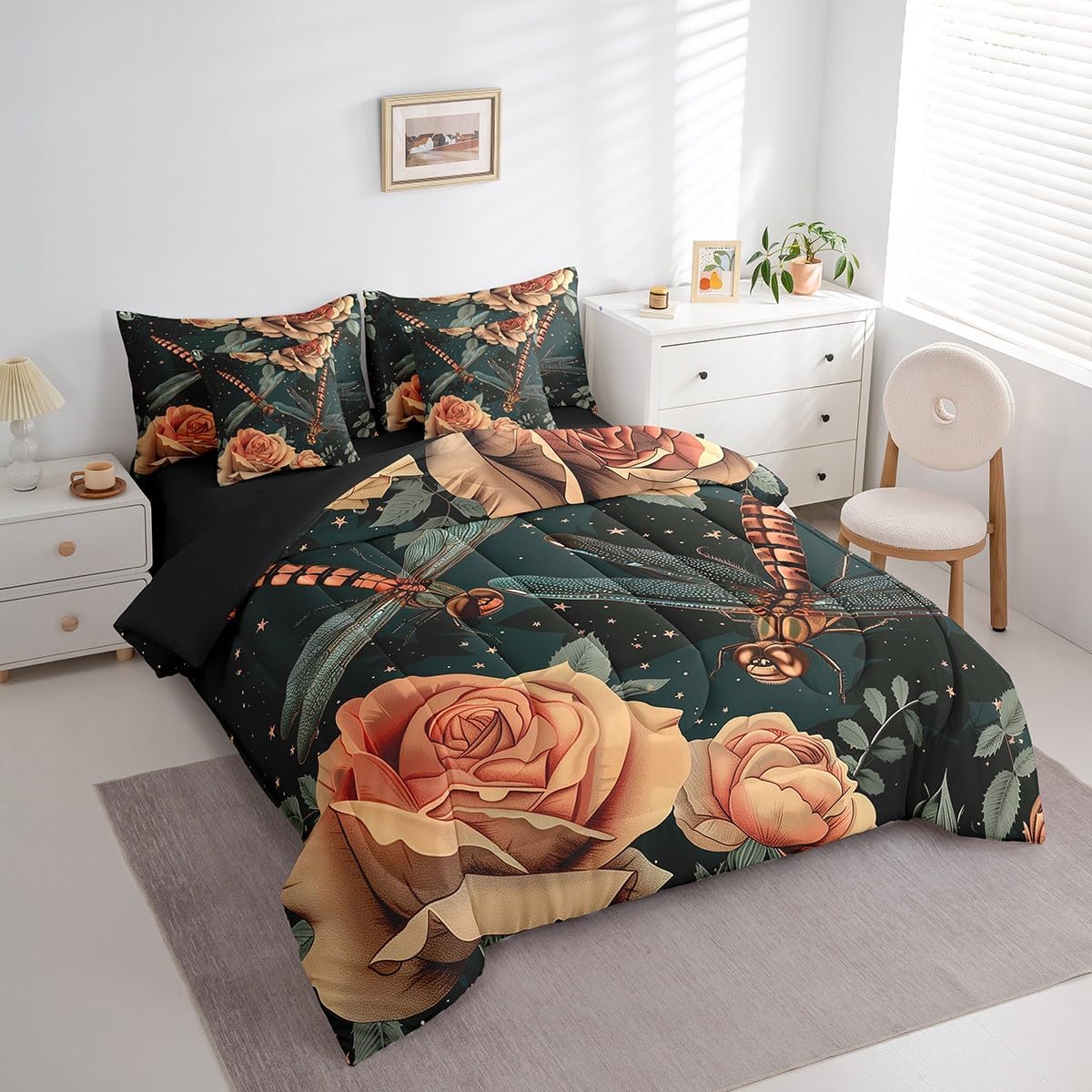 Dragonfly Comforter Set,7 Pieces Retro Flowers Rose Full Bed in a Bag,Rustic Aesthetic Animal All Season Bedding Sets with 1 Comforter,1 Flat Sheet,1 Fitted Sheet,2 Pillowcase and 2 Pillow Sham
