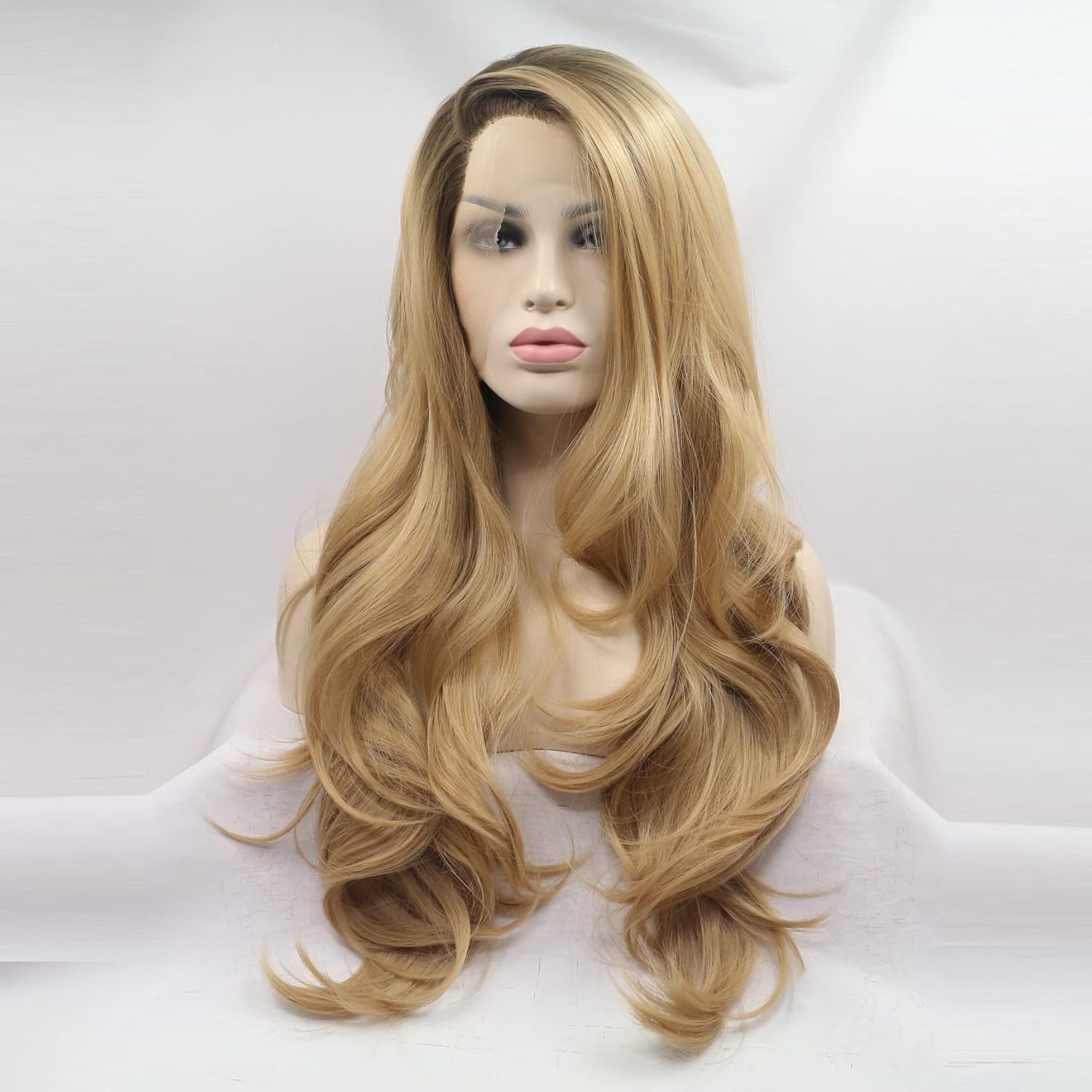 xiweiya Long Natural Wave Ombre Brown Blonde Synthetic Lace Front Wigs with Brown Roots 2 Tones Side Part Wig Heat Resistant Fiber Hair Wigs For Women Replacement Everyday Wigs 24"(Blonde)