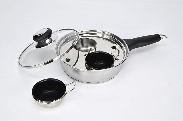2 Cups Egg Poacher Pan - Stainless Steel Poached Egg Cooker  Perfect Poached Egg Maker  Induction Cooktop Egg Poachers Cookware Set with 2 Nonstick Large Silicone Egg Poacher Cups
