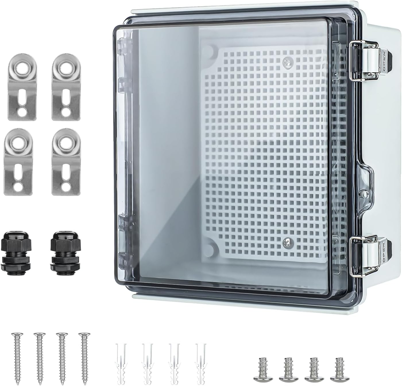 Waterproof Outdoor Project ABS Plastic Junction Box๏ผIP67 Waterproof Clear Enclosure Boxes for Outdoor Garden with Hinged Cover, Mounting Plate, Wall Brackets, Cable Glands (Clear, 5.9"x5.9"x3.5")