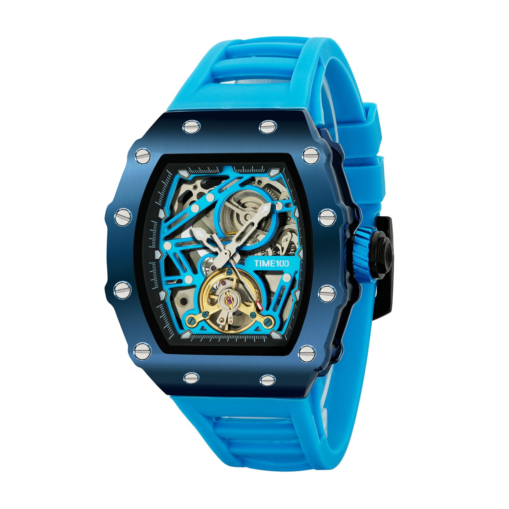 TIME100 automatik Uhr Herren,Wasserdicht Leuchtzeiger Pilot Serie Angel Wing Business Schwungrad Uhr,mechanisches Uhrwerk Herren Armbanduhren Leder/verstellbares Silikonarmband Skelett