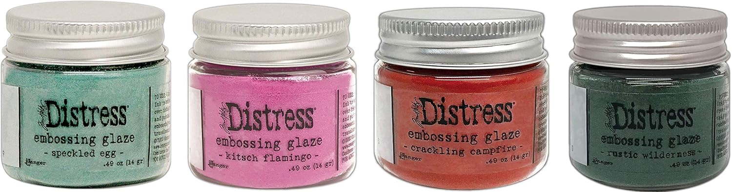 Tim Holtz Distress Embossing Glazes - Speckled Egg, Kitsch Flamingo, Crackling Campfire & Rustic Wilderness - 4 Item Bundle