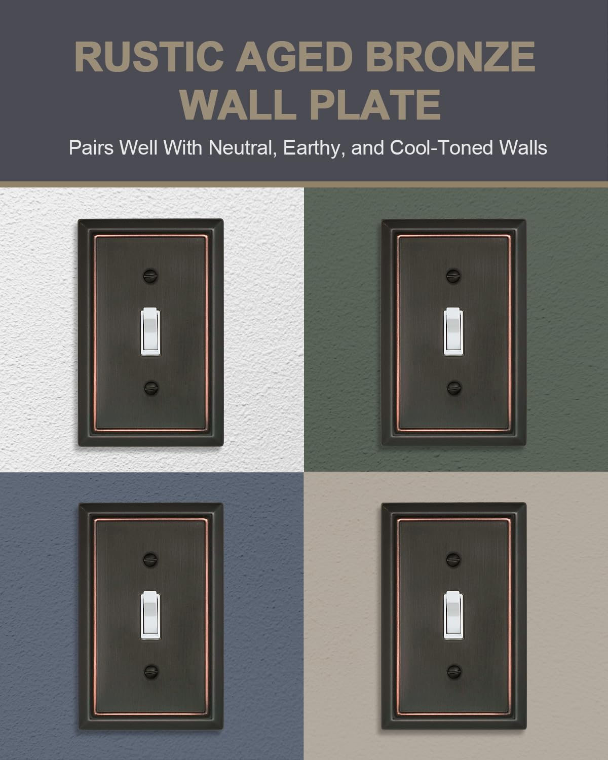 Decorative Focus Frame Switch Plates Outlet Covers, Durable Metal Wall Plates (Aged Bronze/1 Toggle 4 Pack)