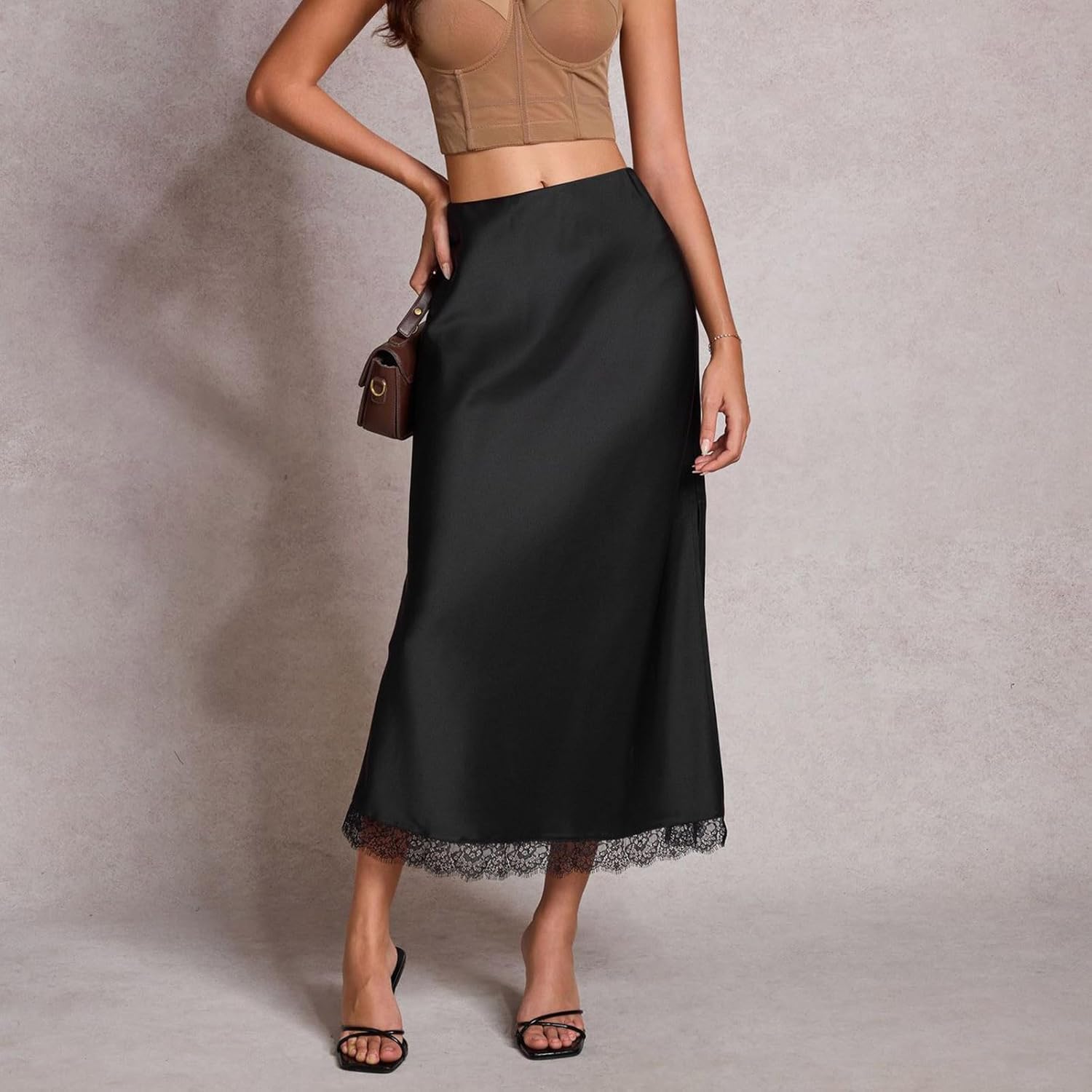 HGps8w Women's Satin Lace Hem Slit Skirt Elastic High Waisted Silky Half Slip Formal Business Party Maxi Skirts