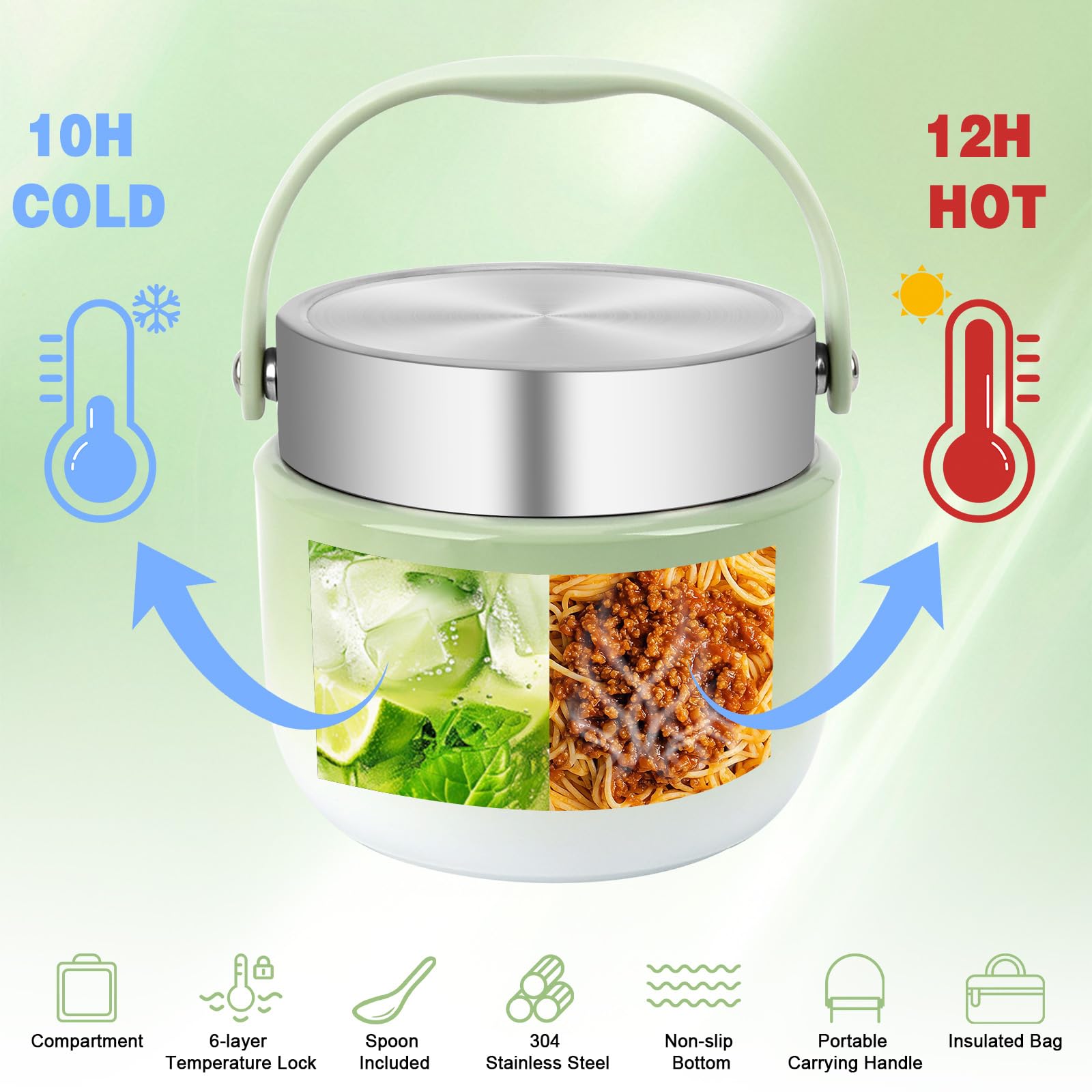 Contenitore termico per alimenti 1200 ml, scaldavivande in acciaio inossidabile 304, contenitore termico per alimenti, thermos resistente agli schizzi con coperchio, cucchiaio e sacchetto