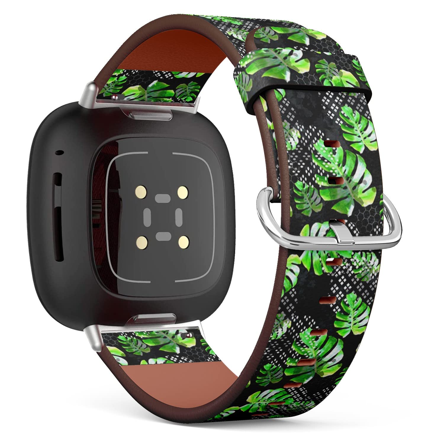 CJBROES Replacement Leather Watch Band, Compatible with Fitbit Versa 3 and Fitbit Sense of Wristband Bracelet Accessory - Palm Leaves Tropical