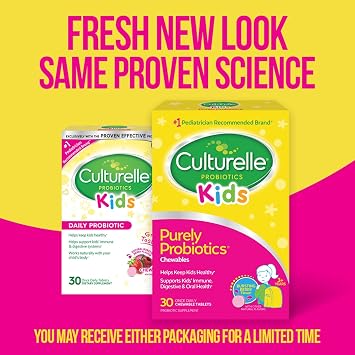 Culturelle Kids Chewable Daily Probiotic for Kids Natural Berry Supports Immune, Digestive, and Oral Health for Age 3+ Gluten,Dairy,Soy-Free Packaging May Vary 30 Count
