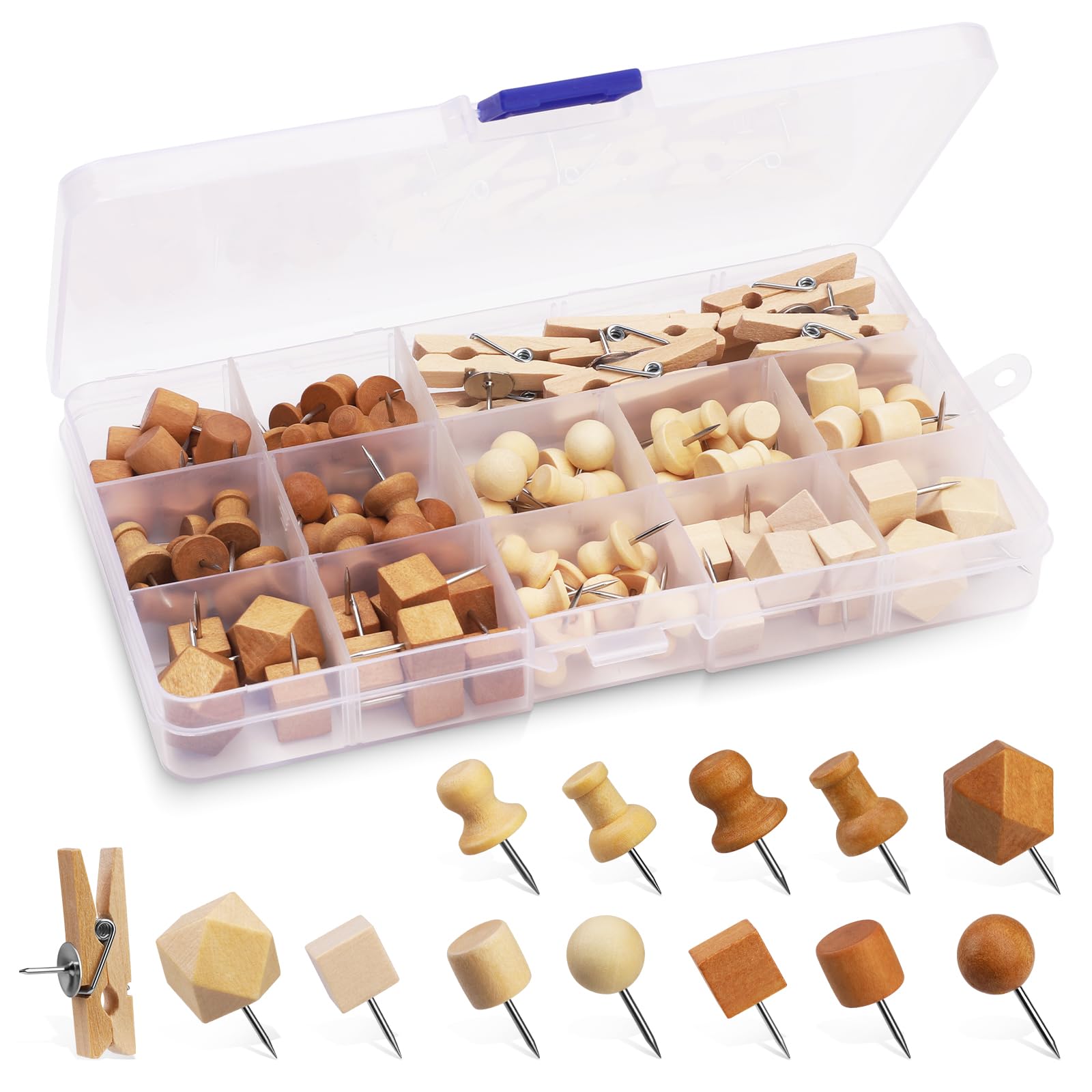 Namner 114 Pcs Wooden Push Pins Assorted Styles, Decorative Cork Board Pins Set for Bulletin Boards, Crafts & Office, Thumb Tacks in Natural & Brown