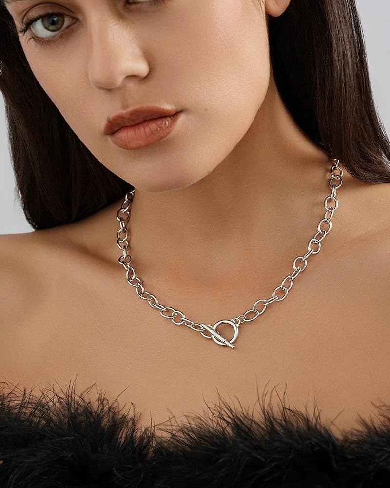 Amazon.com: Chunky Silver Necklace for Women Silver Toggle