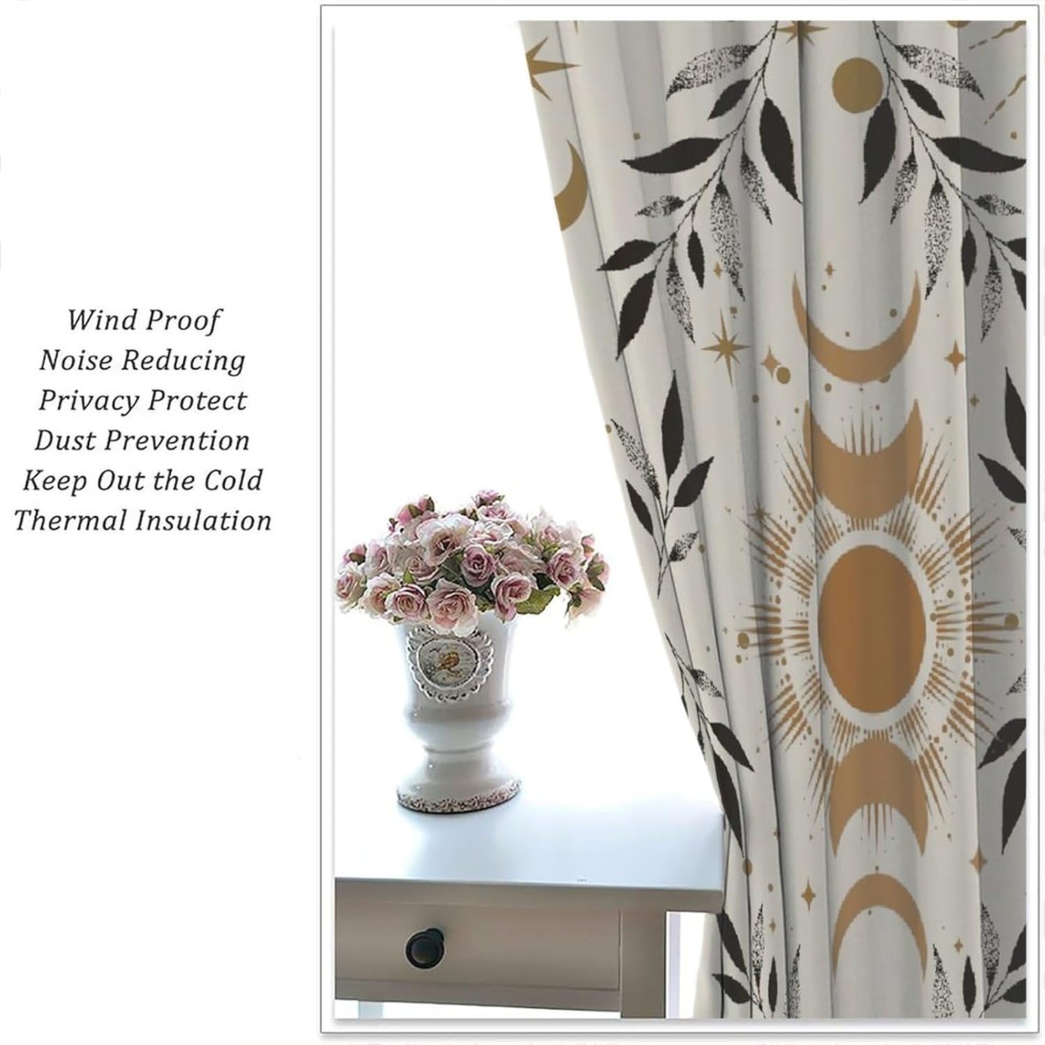 Moon Phase Curtains, Boho Mystic Celestial with Sun Moon Star Window Curtains, Magic Lunar Cycles Drapes for Living Room Bedroom 42x63in (No Blackout)