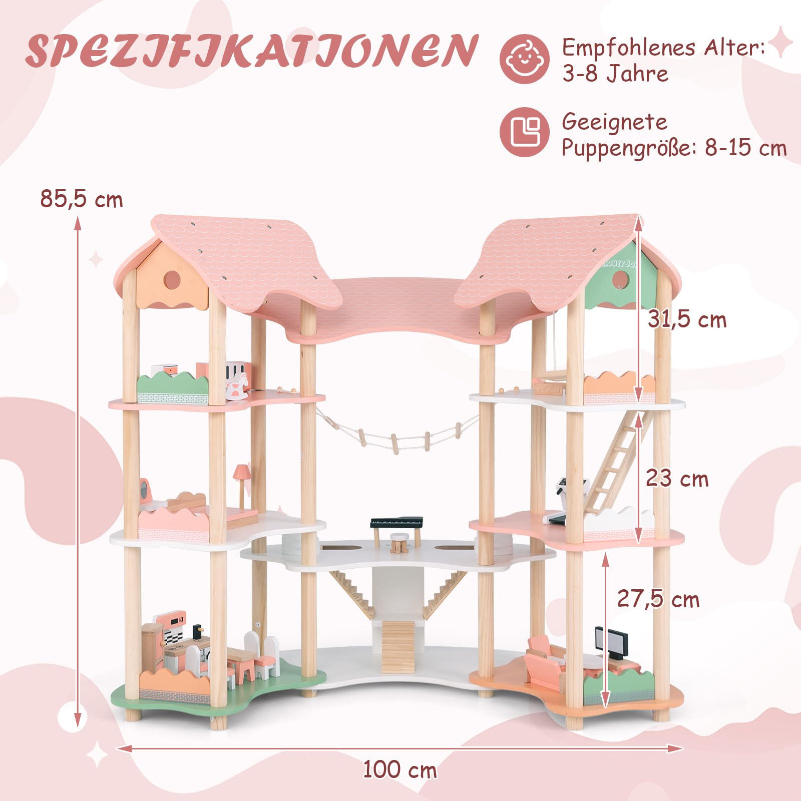 COSTWAY Drewniany domek dla lalek, wysokość 85 cm, 7 pokoi z 32 meblami i akcesoriami, willa dla lalek z drabinką, prezent dla dziewczynek od 3 lat (model 3)