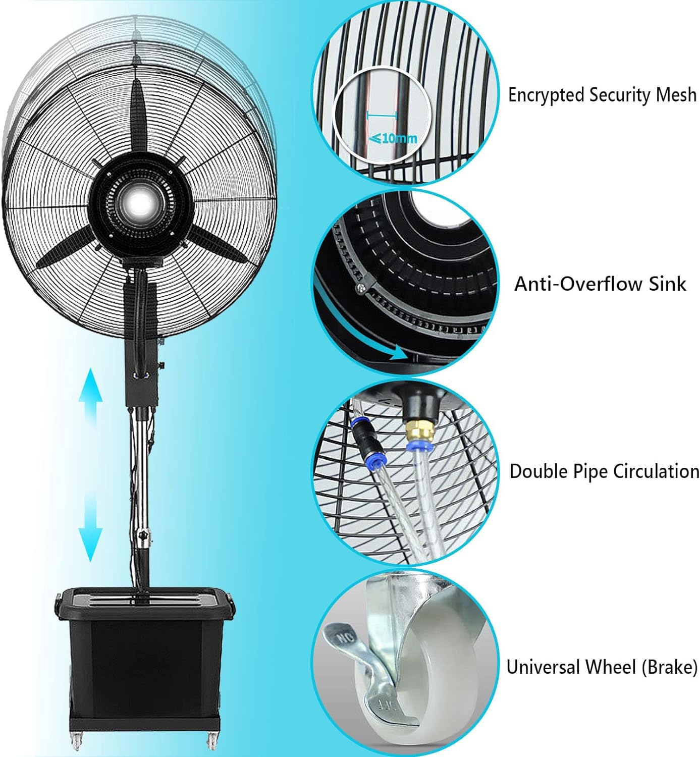Ventilador oscilante de altura ajustable para refrigeración comercial y exterior en restaurantes, tiendas y espacios de trabajo
