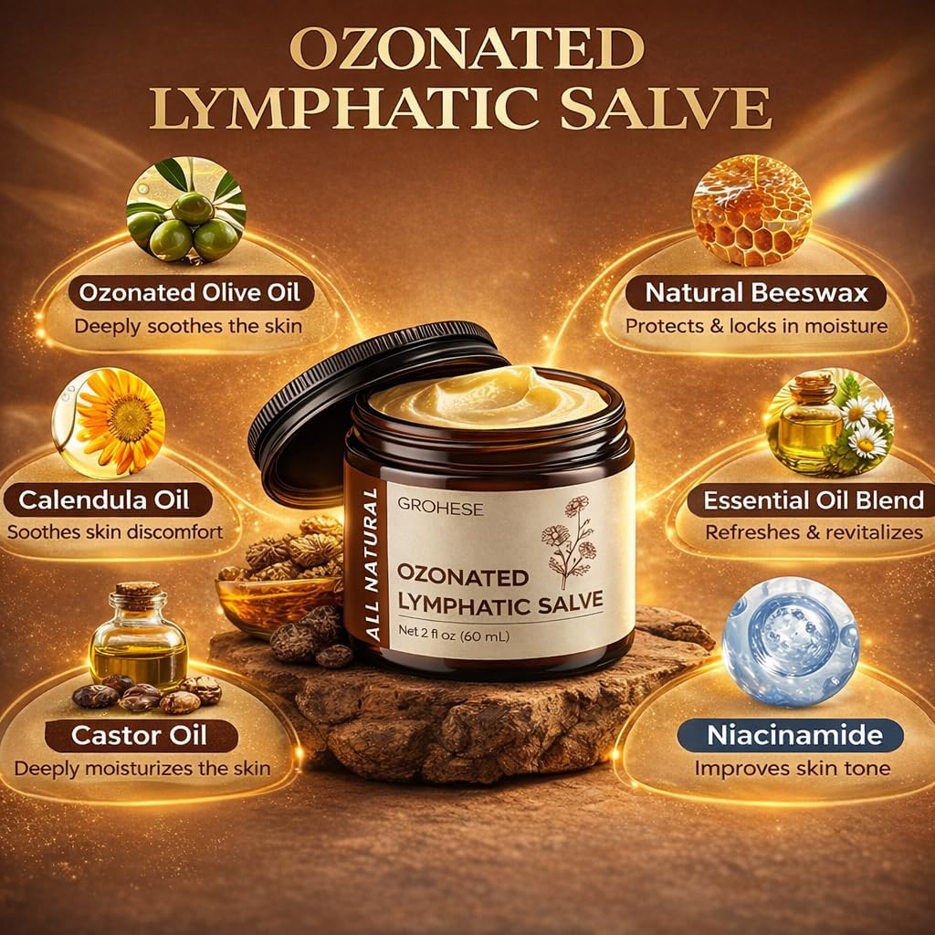 Ozonated Lymphatic Salve, Lymphatic Drainage Cream Balm with Ozonated Olive Oil, Calendula & Essential Oils for Face & Body, Deep Moisturizing
