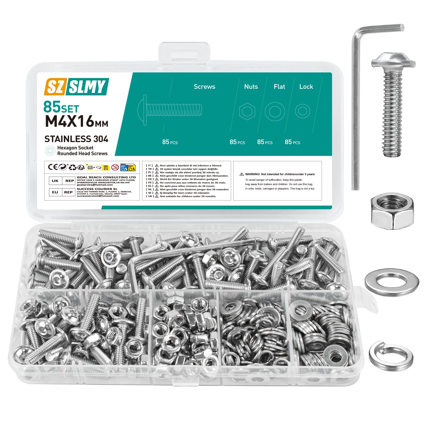 85 Set M4 Bolts Set, M4 x 16mm Flanged Button Head Screws, and Nuts Set, 304 Stainless Steel Allen Socket Bolts and Nuts Set, with 1 Hex Spanner Wrench