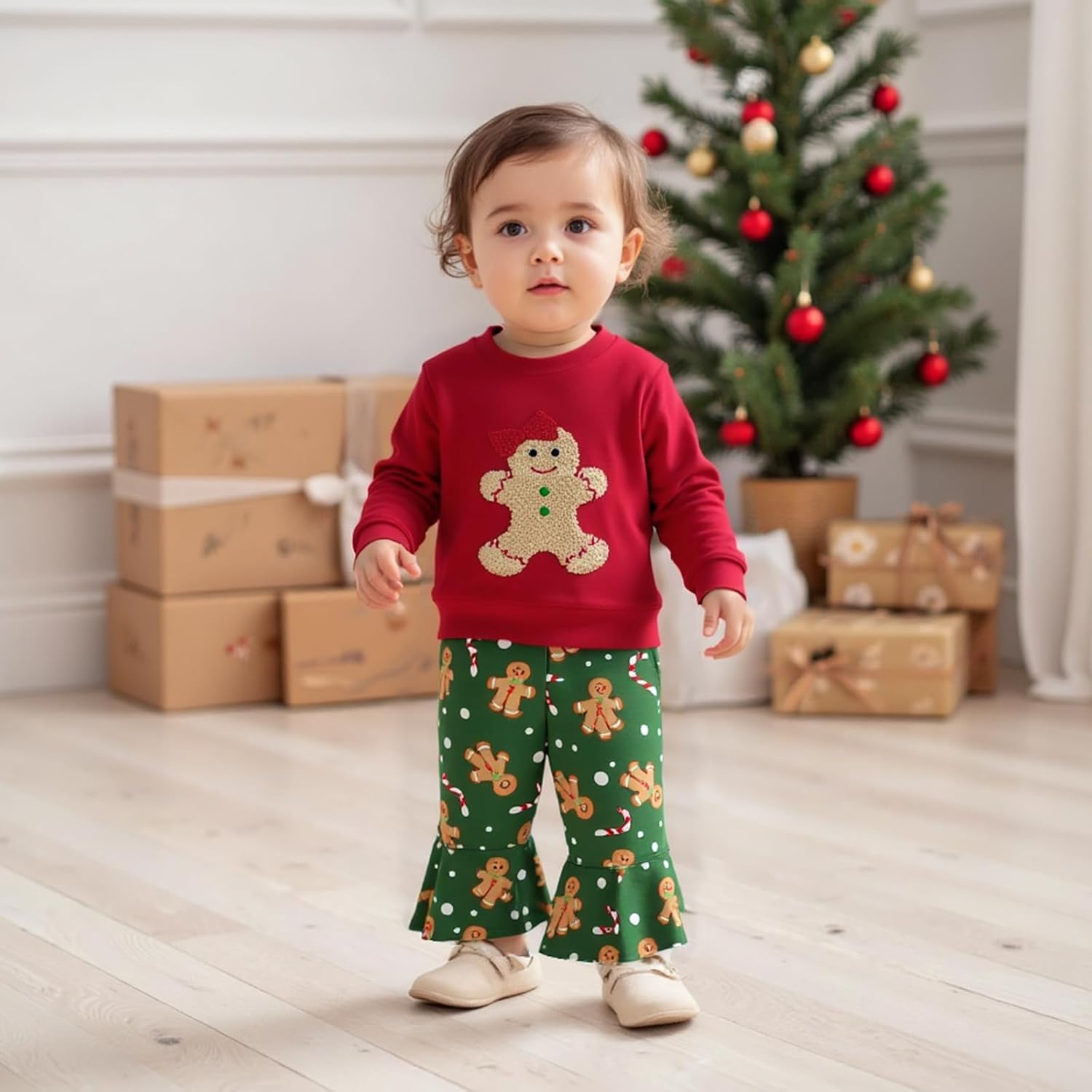 Toddler Baby Girl Christmas Outfit Gingerbread Candy Cane Sweatshirt Bell Bottom Pants Set - Image 2
