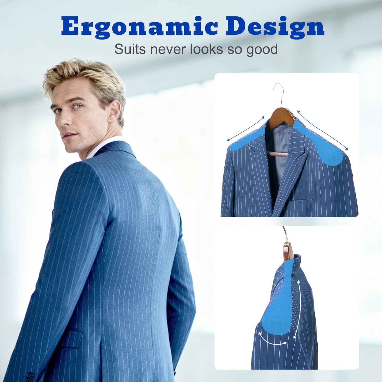 HOUSE DAY Wide Shoulder Wooden Hangers, Suit Hangers with Non Slip Pants Bar, Smooth Finish 360° Swivel Hook Solid Wood Coat Hangers for Dress, Jacket, Pants, Heavy Clothes Hangers 6 Pack (Walnut) - Image 2