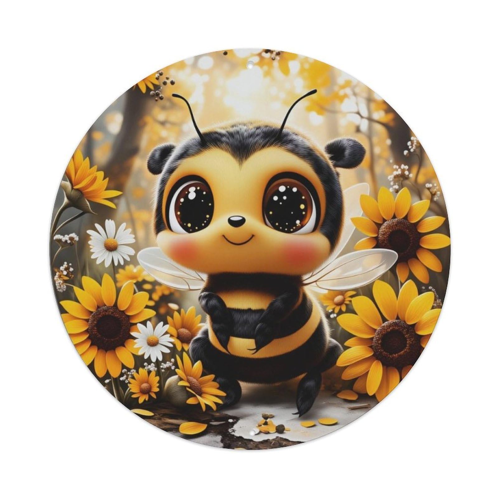 Cute Baby Bee Sunflower Round Metal Sign Vintage Aluminium Metal Sign, Retro Wall Decor for Home, Bar, Garage & Farmhouse 20x20cm