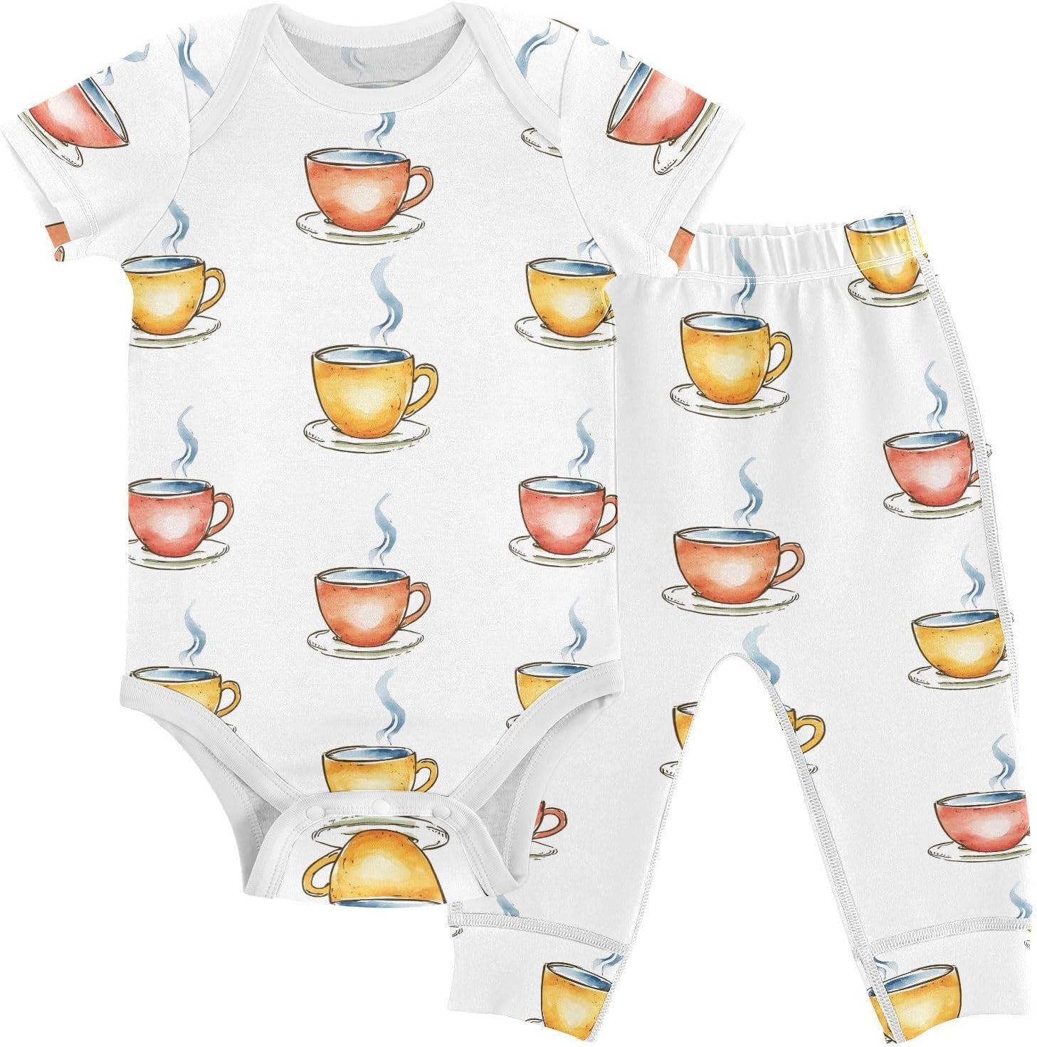 vvfelixl Baby Clothes Colorful Coffee Cup Baby Bodysuits Set Unisex Short Sleeve Babys Pants Sets 0-3M