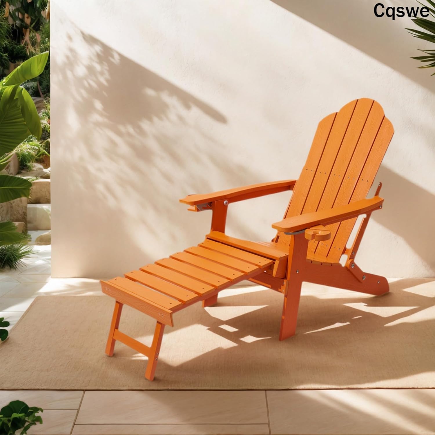 Ergonomic Adjustable Adirondack Chair with Ottoman Set of 2，Folding Adirondack Chair with 2 Cup Holder for Patio，Garden，Backyard，Fire Pit，Orange