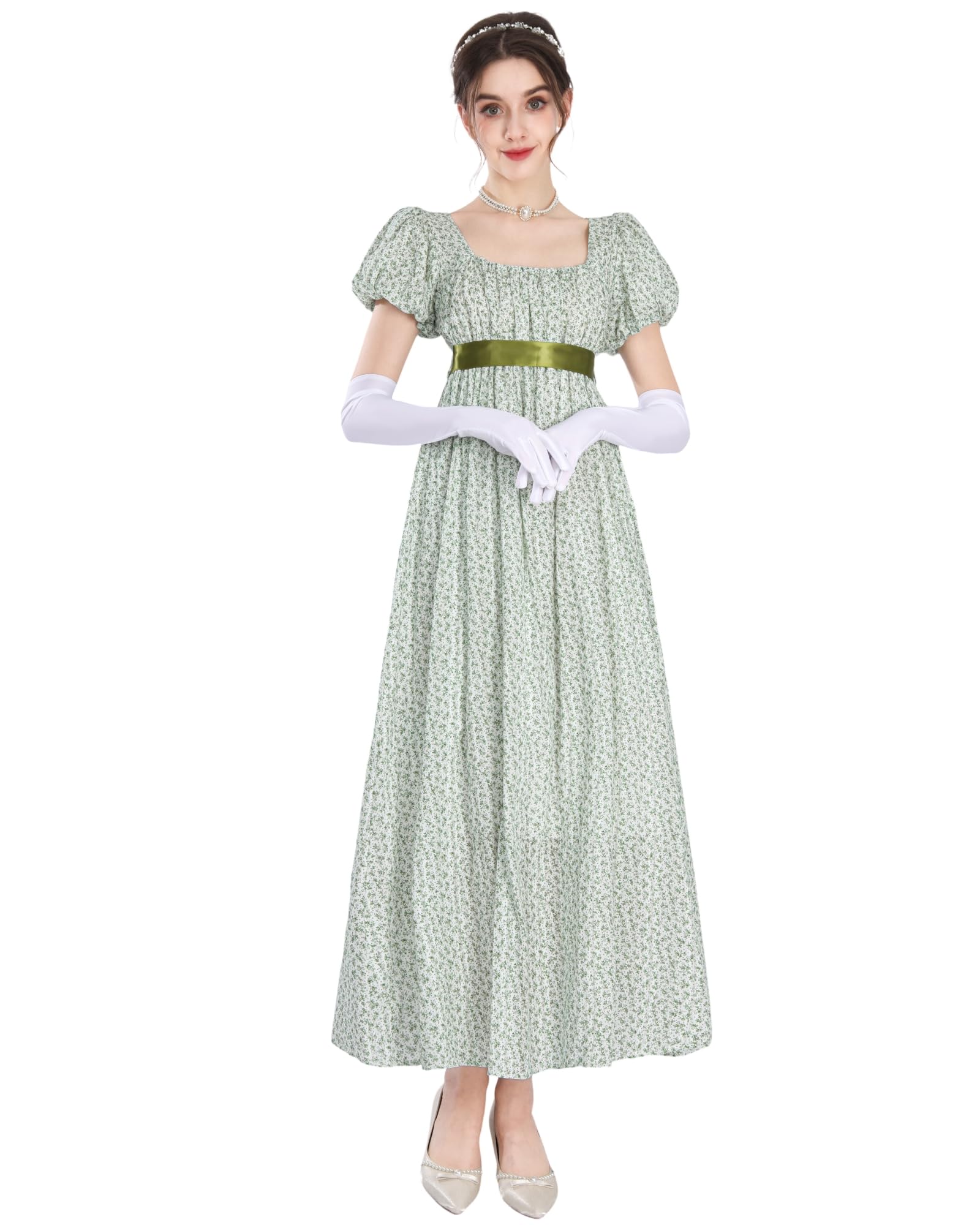 NSPSTT Regency Dress for Women - Floral Empire Waist Long Tea Party Dress with Gloves, Green Floral, XL, Green 1023