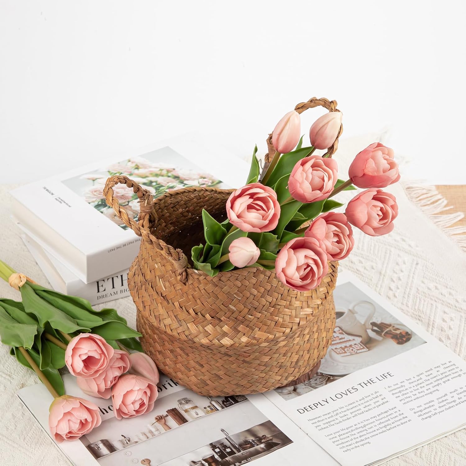 DILATATA 9 Pcs Artificial Tulips Flowers Pink Real Touch Fake Latex Tulips Flowers for Mother's Day 14" Faux Tulip Faux Flower for Vase Centerpieces Home Wedding Bouquet