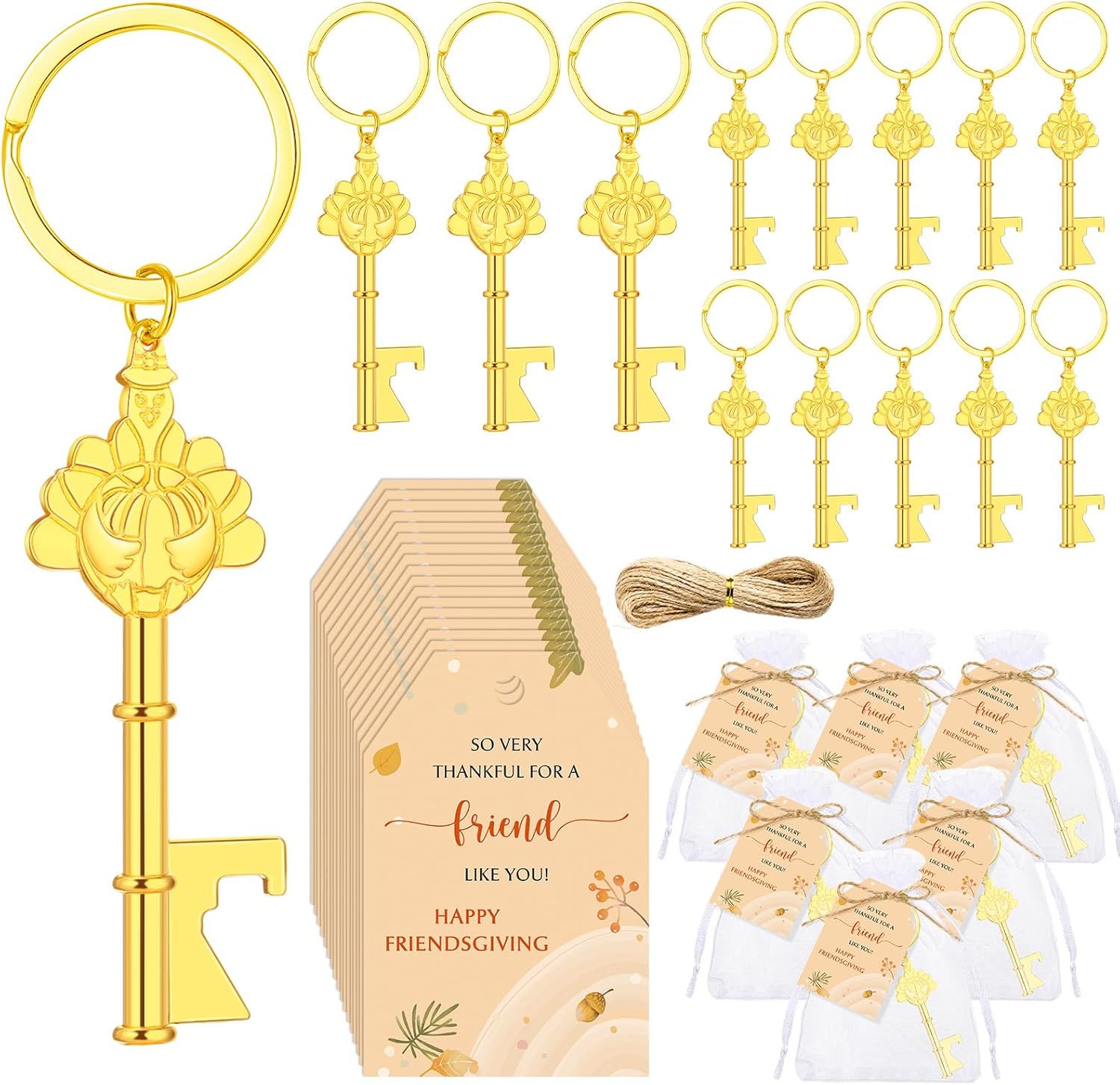 36 Sets Happy Friendsgiving Gifts Thanksgiving Gold Turkey Keychain Fall Bottle Opener Beer Beverage Can Friendsgiving Party Favor for Guest Autumn Party Souvenir