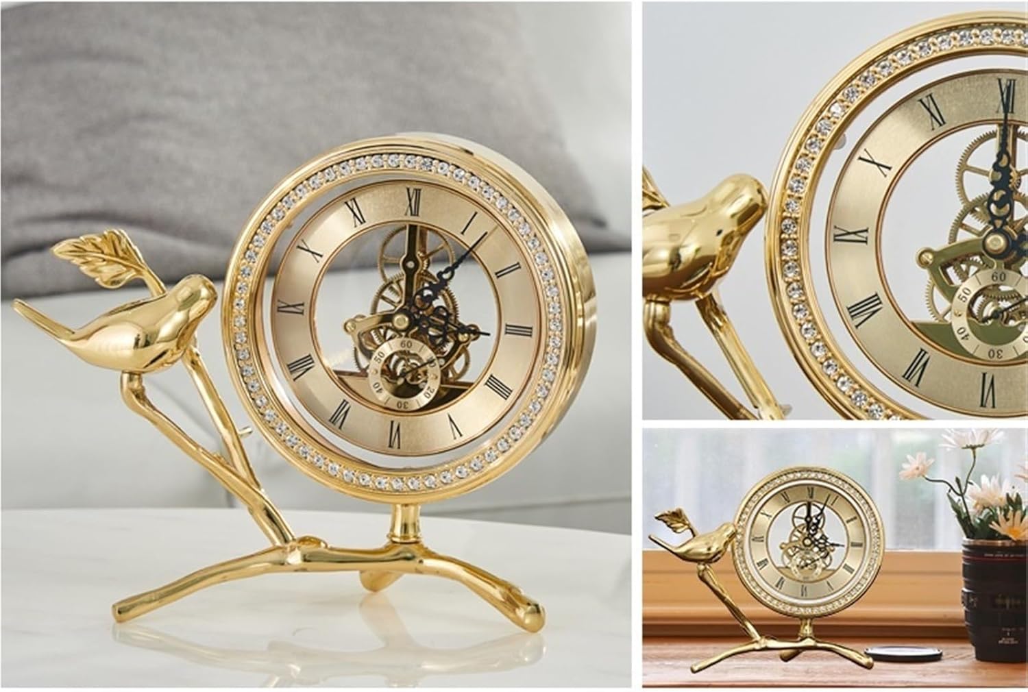 Mantel Clock Desk Clock Creative Copper Table Clock Living Room Table Clock Bird Copper Clock Home Decoration Table Clock for Mantlepiece (Gold 21.5x18.5cm)