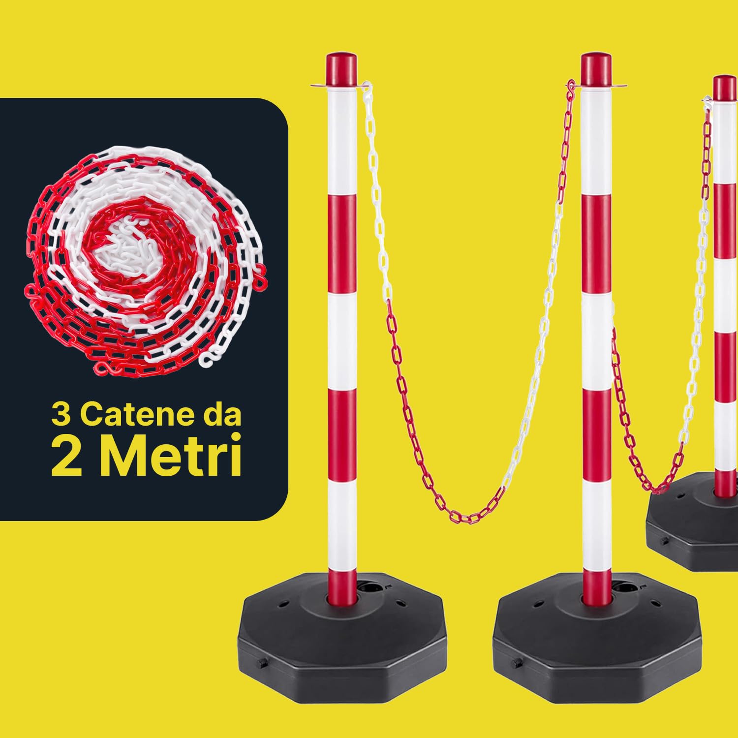 Paletti Delimitazione Set 4 con Catena 2 Metri e Base Zavorrabile 3L – Dissuasore Parcheggio PE Alta Visibilità, Paletti Parcheggio Privato, Paletti per Recinzione Interno Esterno