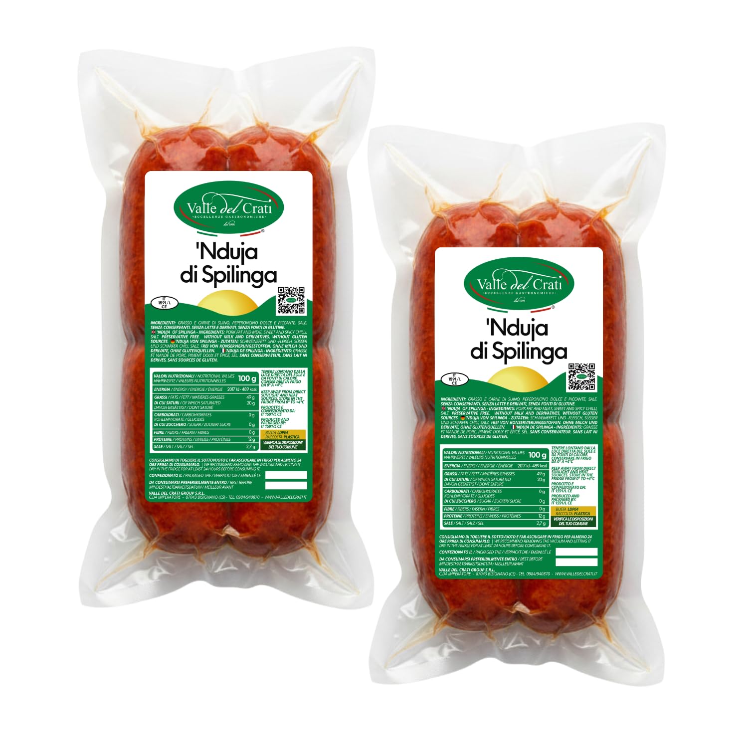 Valle del Crati Nduja Calabraise de Spilinga 1 KG | Nduja produite en Calabre | Nduja épicé salami calabrais à tartiner | Nduja artisanale | 2 pièces (1000 gr)