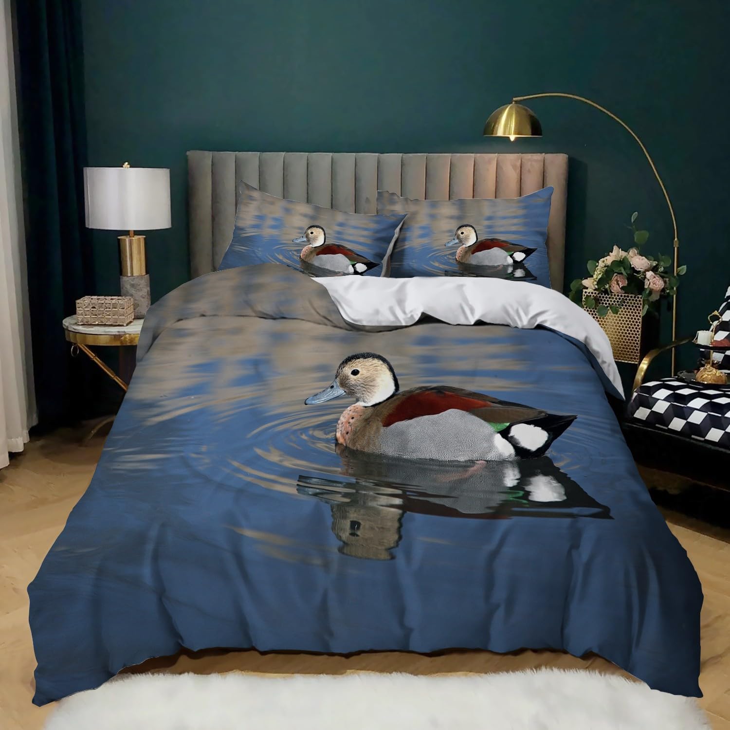 Housse de Couette 200x200 cm Canard Sans Repassage, Parure de Lit 2 Personnes Anti-Plis