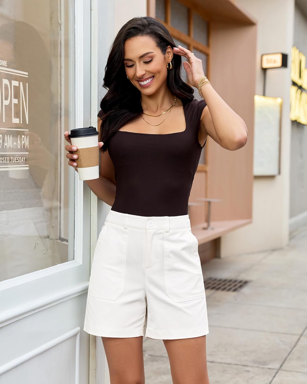 luvamia Summer Shorts for Women High Waisted Dressy Causal Cotton Chino Elastic Waist 5 Inch Inseam Mid Thigh Shorts - Image 5