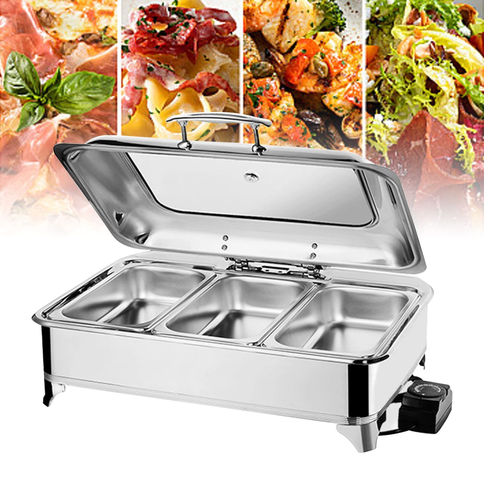 Produktbild von 9L Elektrischer Speisewärmer Chafing Dish – Edelstahl, 400 W, Einstellbare Temperatur 35–90 °C, Glasdeckel – Für Buffets, Partys & Hotels
