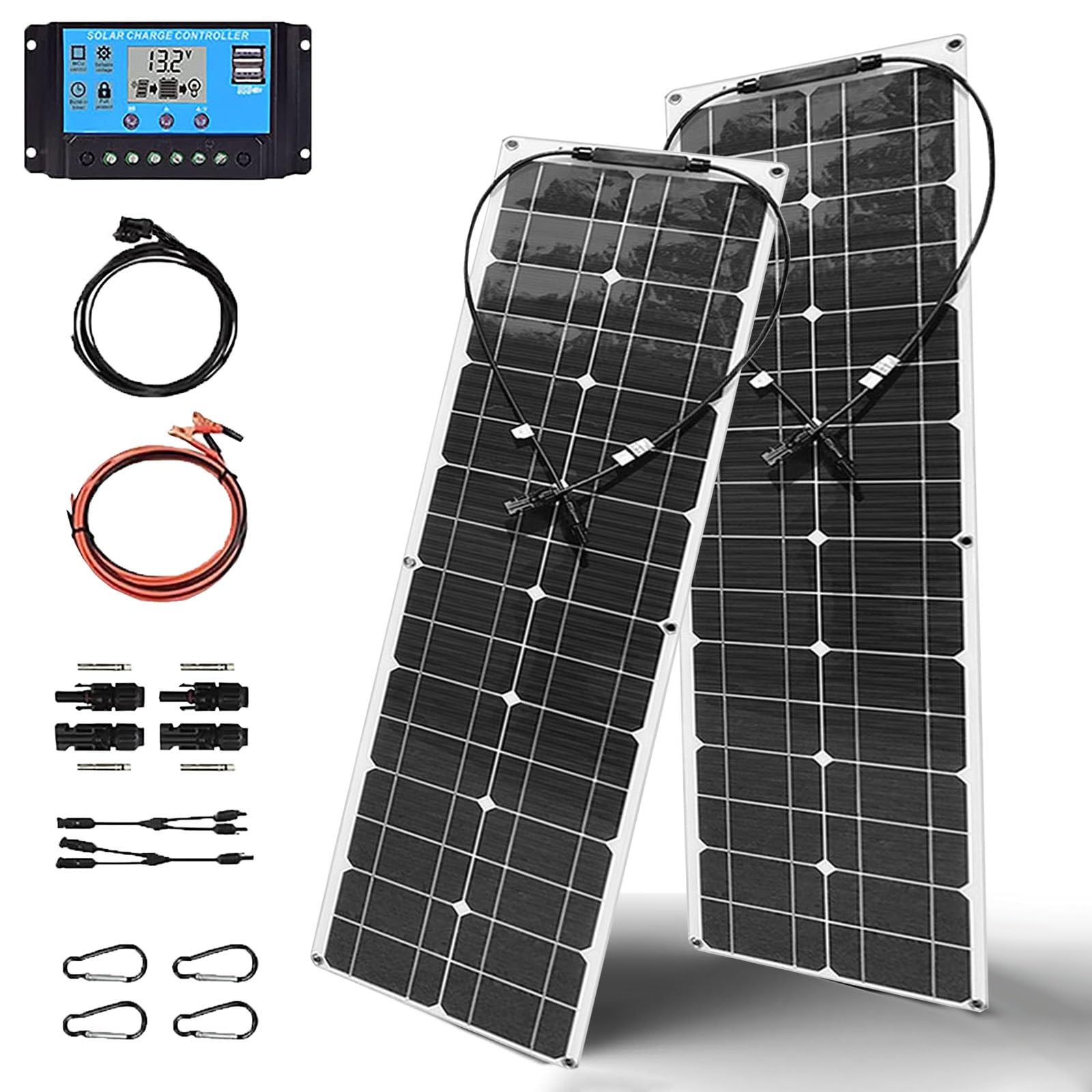 Panneau Solaire Portable 400W, Panneau Solaire Fexible Monocristallin 16-24 V Pliable pour Camping-Car, Caravane, Bateaux, Toits, Maison,Black