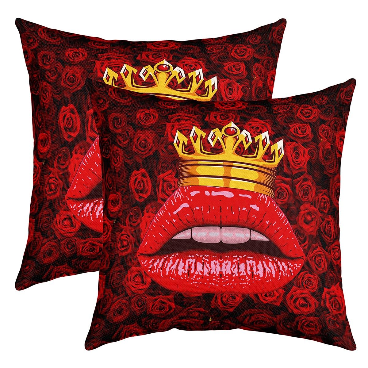 Richhome Women's Multi 17 Red Lip Throw Pillow Covers,3D Lip Print Rose Crown Cushion Covers 24"X24" For Car Rv Camper Office,Valentine's Day Gifts For Adults Pillowcases Outdoor Pillow Covers Set Of 2