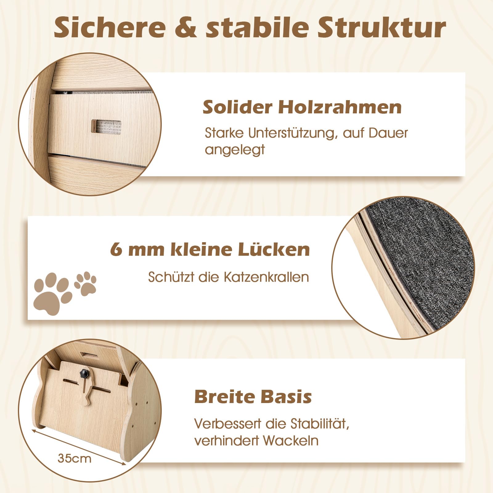 COSTWAY Katzenlaufrad, 101 cm Innendurchmesser, Laufrad Katzen mit abschließbarem Mechanismus & Kratzmatte, Ultra-leiser, Katzenrad Trainingsrad, für große Katzen bis 20 kg, Holz, Natur