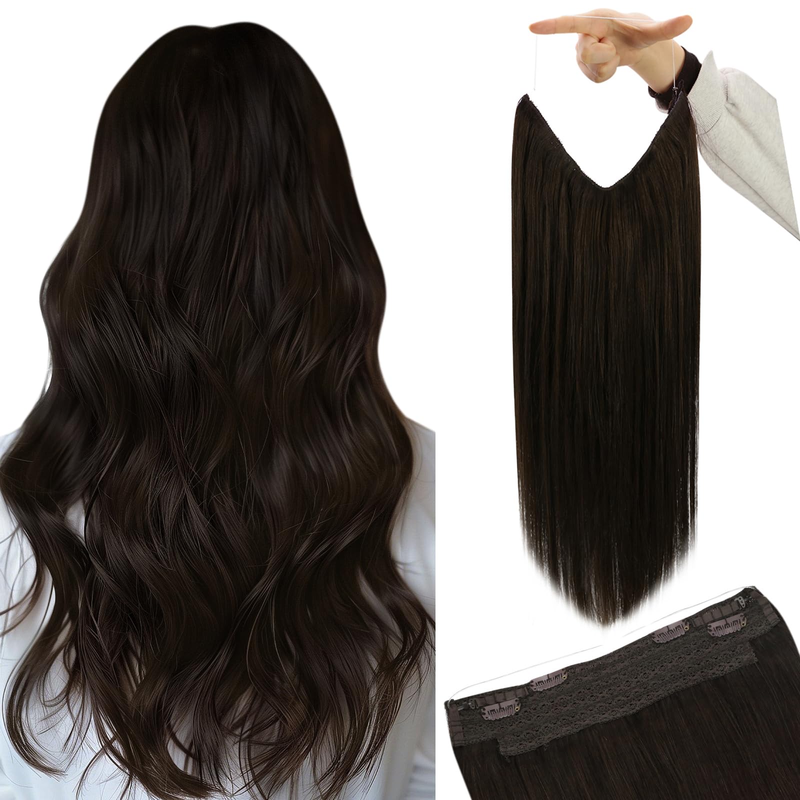 YoungSee Wire Hair Extensions Brown Human Hair Wire Extensions Darkest Brown Blend Naturally One Piece Hair Extensions Real Human Hair Silky Straight 80G 16Inch