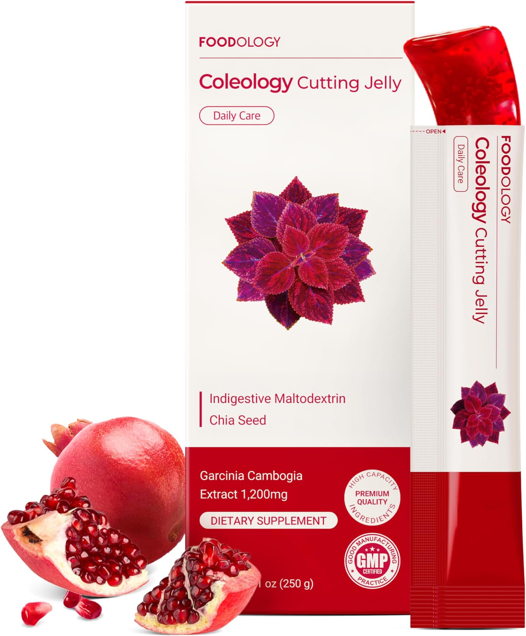 Coleology Cutting Stick Jelly (Pomegranate) – Dietary Fiber Supplement for Healthy Weight Management, Chia Seeds & Garcinia Cambogia, Korean Beauty with Collagen – 10 Sticks
