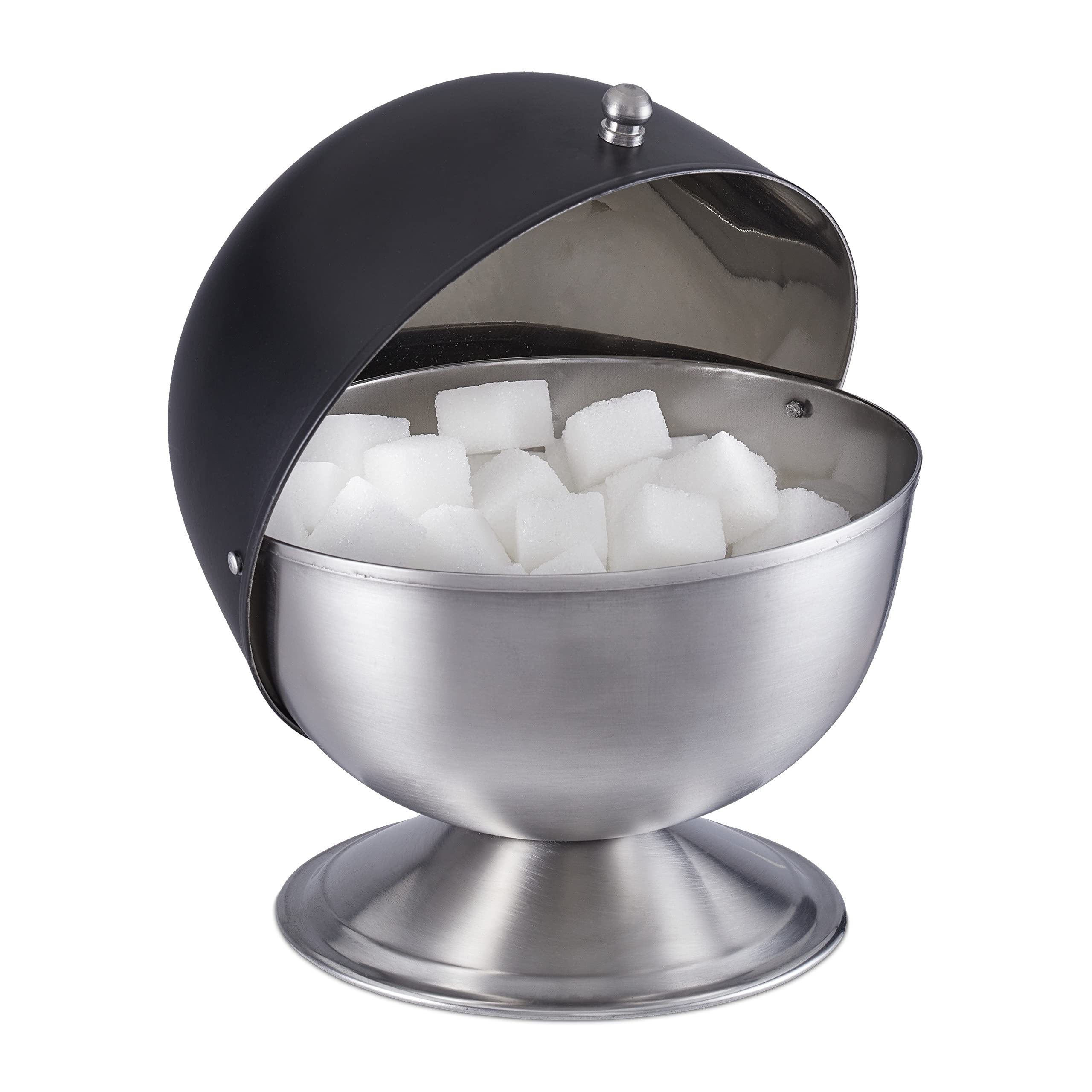 Relaxdays Sugar Bowl, Stainless Steel, Candy Ball with Lid, for Confectionery & Snack, HxØ: 15.5 x 14 cm, Black/Silver