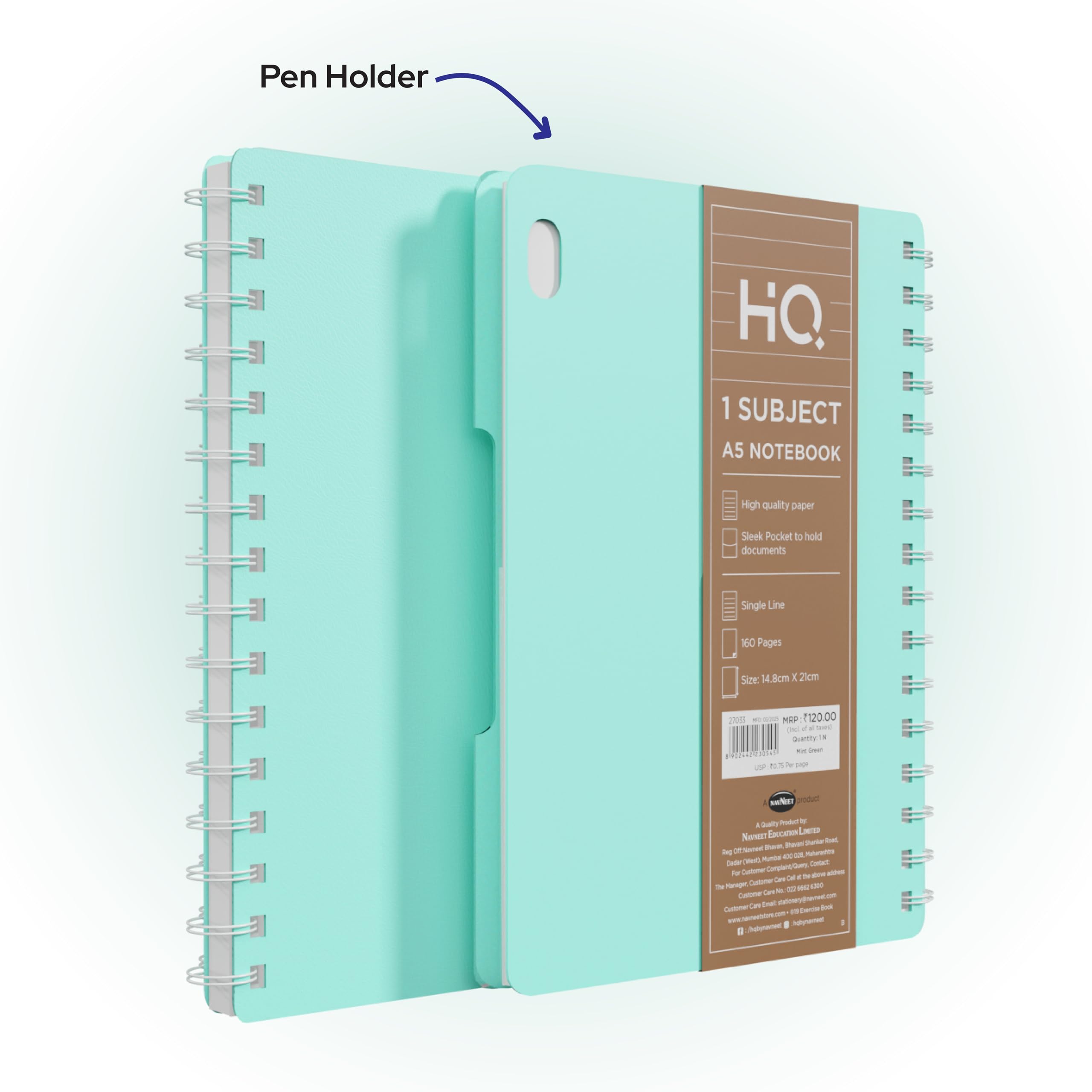 Navneet Youva Hq Notizbuch, mit PP-Einband, für Büro und persönlichen Gebrauch, Spiralbindung, einreihig, A5-Größe, 14,8 x 21 cm, 160 Seiten, 1 Stück, Mintgrün