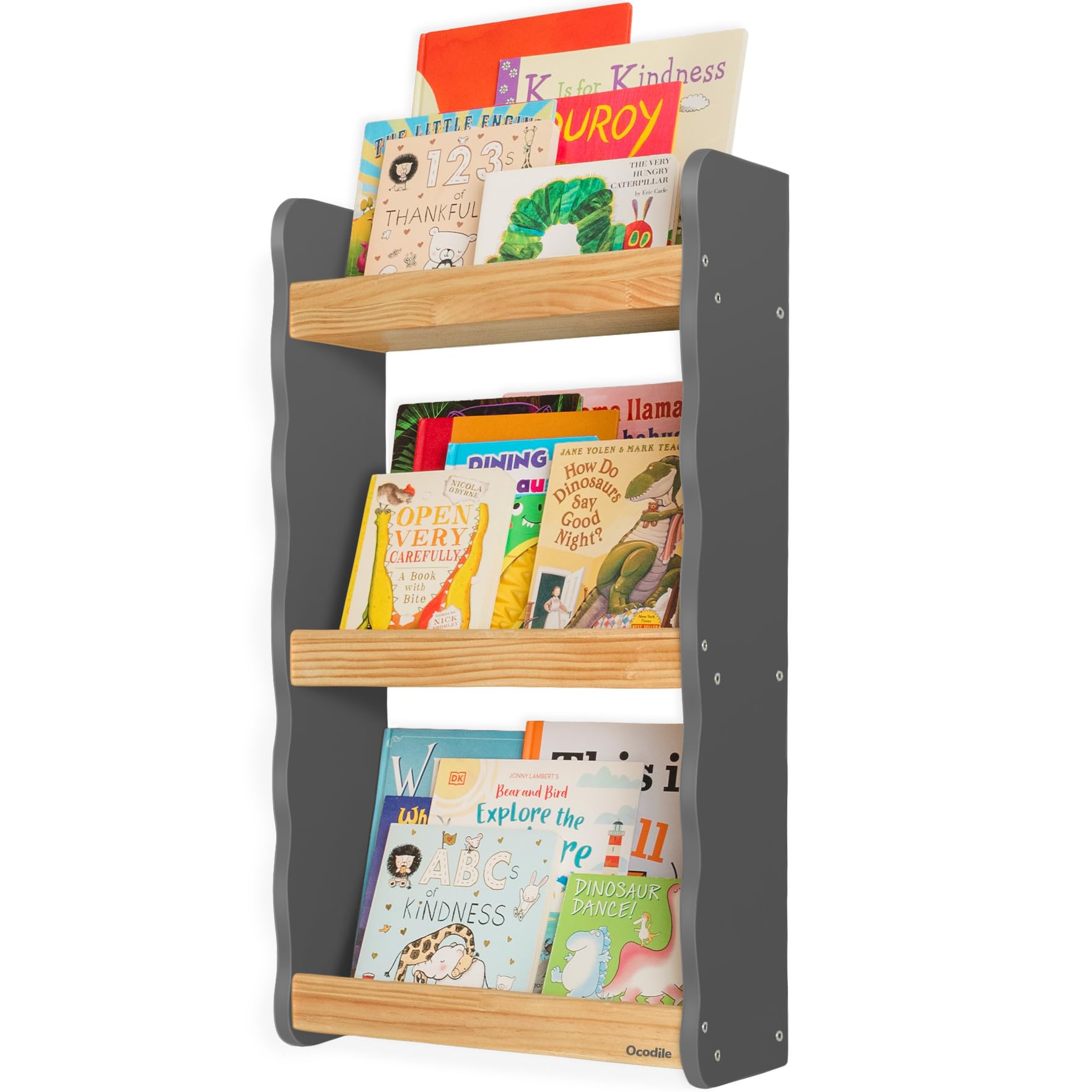 Ocodile Floating Kids Bookshelf – 3-Tier Wall Mounted Bookshelf for Nursery & Playroom – Montessori Floating Shelves for Kids Room Made of Pine Wood