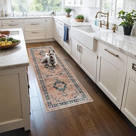 Washable 2x5 Hallway Runner Rug: Indoor Vintage Water Resistant Kitchen Entryway Rug Soft Living Room Bedroom Carpet Thin Low Pile Non Slip Floor Mat for Bathroom Laundry Dining Room(2X5,Orange)