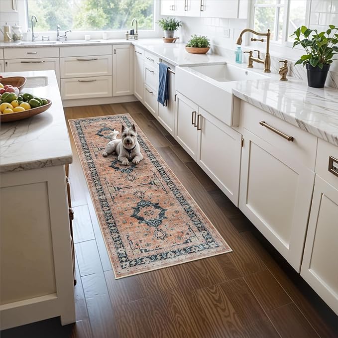 Washable 2x5 Hallway Runner Rug: Indoor Vintage Water Resistant Kitchen Entryway Rug Soft Living Room Bedroom Carpet Thin Low Pile Non Slip Floor Mat for Bathroom Laundry Dining Room(2X5,Orange)