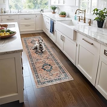 Washable 2x5 Hallway Runner Rug: Indoor Vintage Water Resistant Kitchen Entryway Rug Soft Living Room Bedroom Carpet Thin Low Pile Non Slip Floor Mat for Bathroom Laundry Dining Room(2X5,Orange)