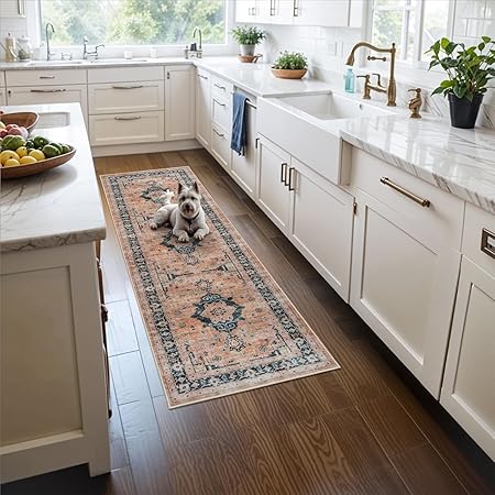 Washable 2x5 Hallway Runner Rug: Indoor Vintage Water Resistant Kitchen Entryway Rug Soft Living Room Bedroom Carpet Thin Low Pile Non Slip Floor Mat for Bathroom Laundry Dining Room(2X5,Orange)