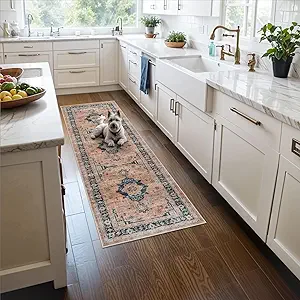 Washable 2x5 Hallway Runner Rug: Indoor Vintage Water Resistant Kitchen Entryway Rug Soft Living Room Bedroom Carpet Thin Low Pile Non Slip Floor Mat for Bathroom Laundry Dining Room(2X5,Orange)