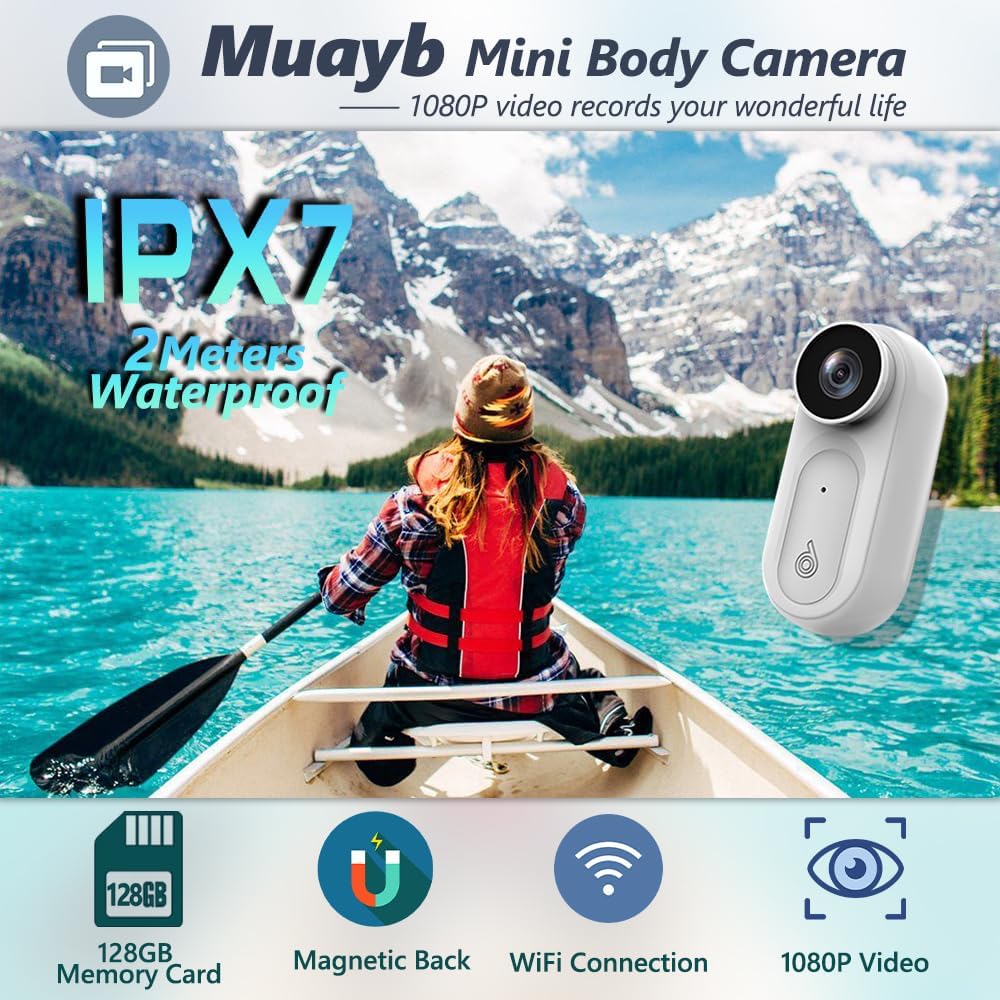 Cámara corporal mini Muayb con clasificación de resistencia al agua IPX7, almacenamiento de 128 GB, parte posterior magnética, Wi-Fi y video de 1080P.