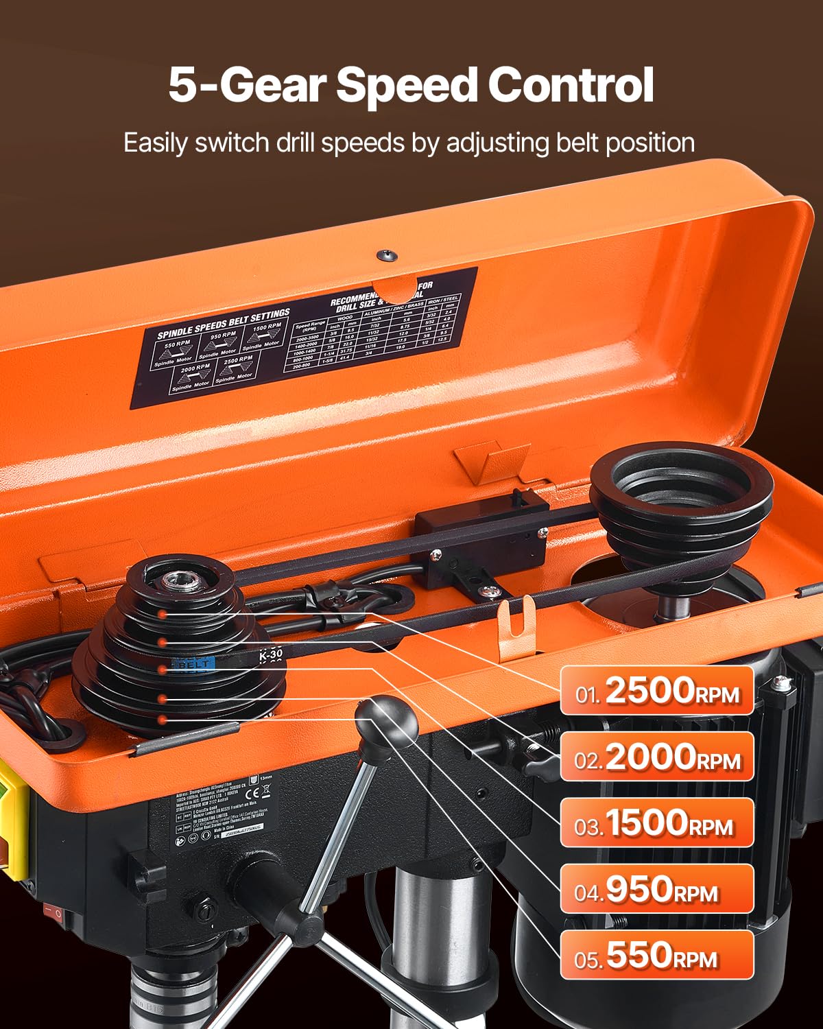 VEVOR Perceuse à Colonne d'Établi 254 mm, 550 W, Vitesse Réglable 550/950/1500/2000/2500 tr/min, Moteur à Induction, Table de Travail Inclinable 0-45°, Positionnement par Rayons X, pour Bois et Métal